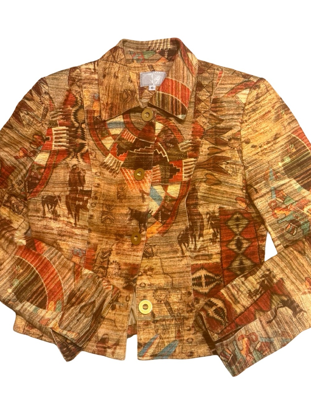 Alberto Makali Vintage Boho Southwestern Cave Art Tapestry Blazer Jacket Sz 8